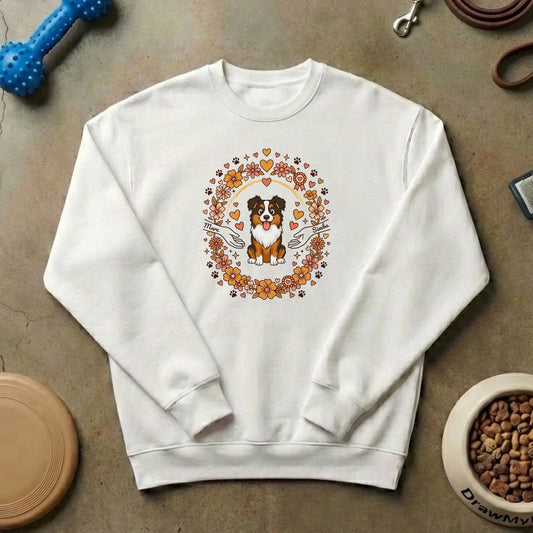 Personalized "Bonded for Life" white sweatshirt with a joyful Australian Shepherd cartoon and pet names.