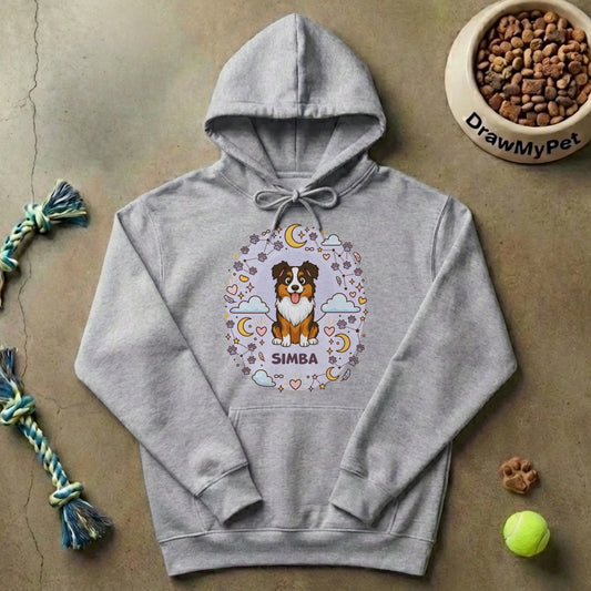 Personalized grey hoodie with a cartoon dog (Australian Shepherd) portrait and "Eternal Love" celestial design with pet's name