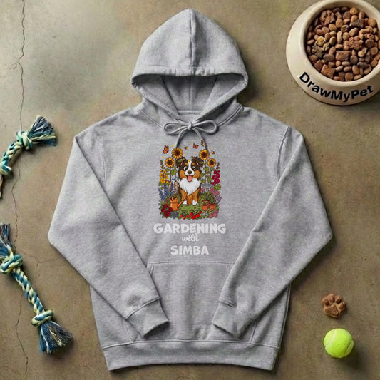 Personalized grey hoodie 'Gardening with Simba' featuring a cartoon Australian Shepherd in a vibrant garden scene with flowers and butterflies.