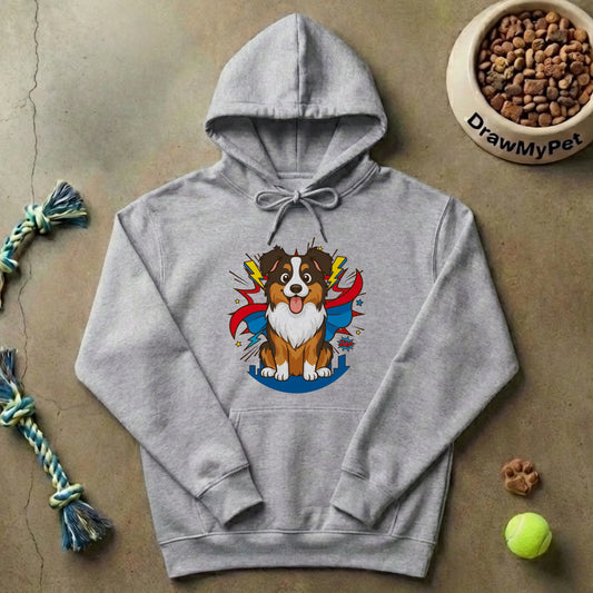 Personalized grey hoodie featuring a cartoon Australian Shepherd dog in a superhero cape design, saying "My Superhero".