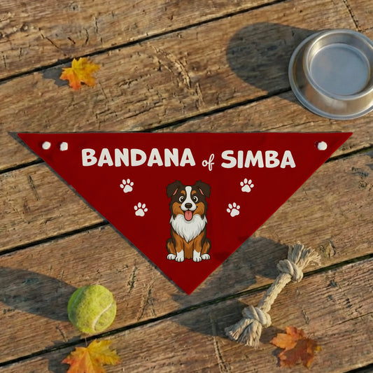Personalized red pet bandana for dogs and cats featuring a custom cartoon Australian Shepherd and pet's name