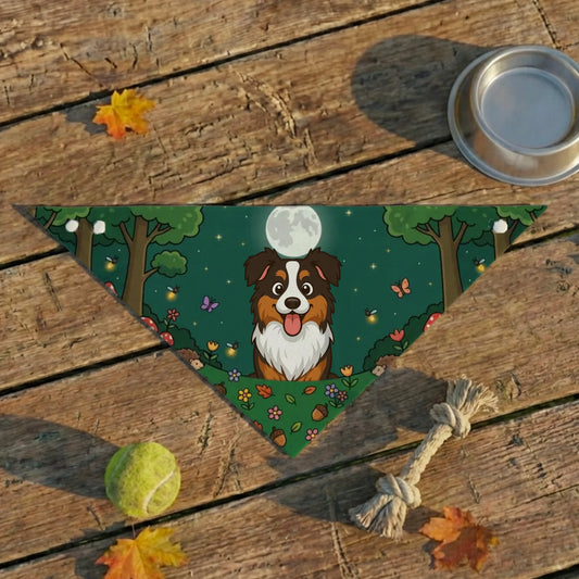 Personalized pet bandana with a cheerful Australian Shepherd portrait in a magical forest walk design