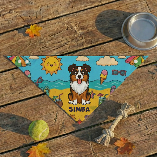 Personalized pet bandana with summer beach dog portrait and pet's name
