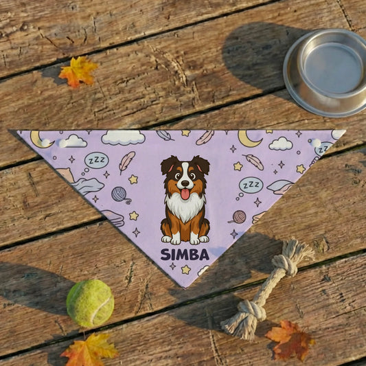 Personalized pet bandana for a chill dog, lavender with zzz icons and pet name Simba.