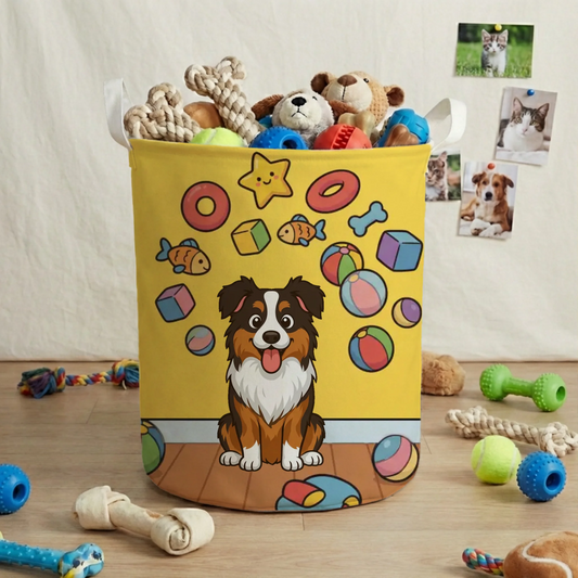 Personalized toy basket with happy cartoon dog and 'Crazy Toys' design for pet storage.