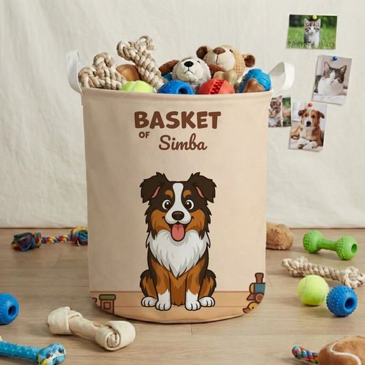 Personalized toy basket with cartoon dog portrait and custom name 'Basket Of Simba'.