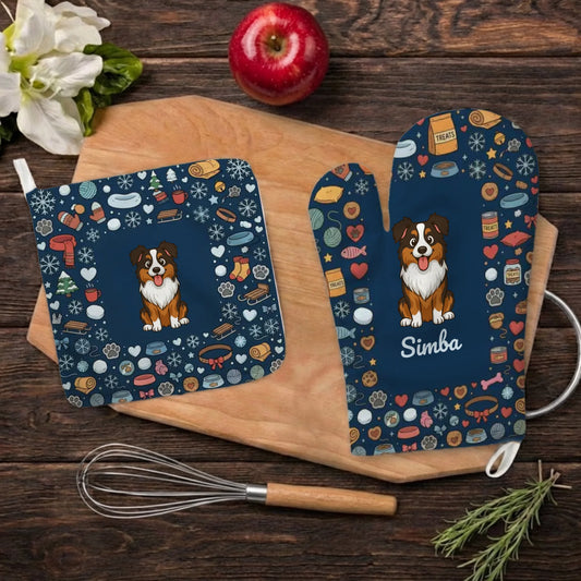 Personalized oven mitts and pot holder set with an Australian Shepherd dog and winter pet-themed "Object Mosaics" design.