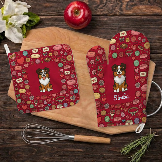 Personalized oven mitts set with a cheerful cartoon dog portrait and name 'Simba' surrounded by pet object mosaics.