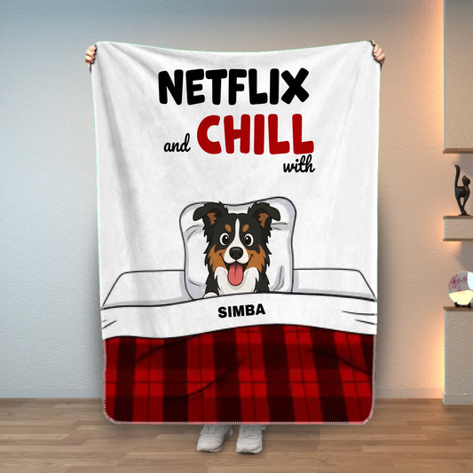 Personalized Netflix and Chill blanket with a happy cartoon dog portrait and custom name