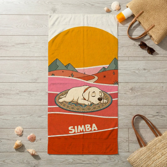 Personalized pet towel "Bohemian Sunset" with a sleeping dog and custom name.