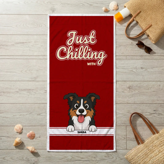 Personalized "Just Chilling" beach towel with a cartoon dog portrait and name.