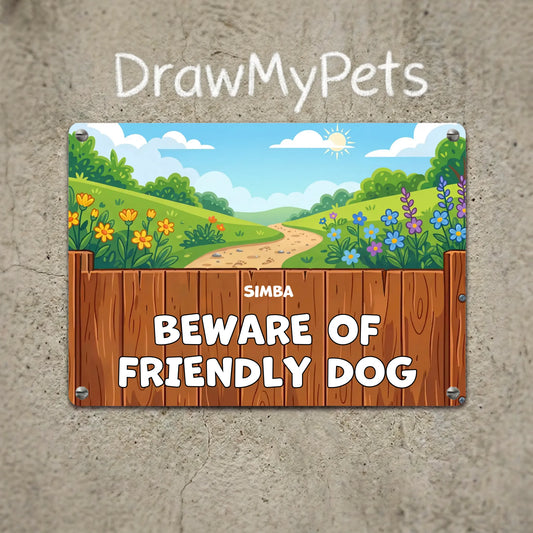 Personalized metal sign featuring a colorful outdoor scene with a wooden fence and the text 'SIMBA BEWARE OF FRIENDLY DOG', ready to hang on a wall.