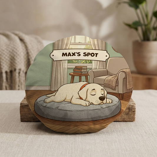 Personalized round cushion for dogs and cats featuring a sleeping Labrador puppy and the text 'MAX'S SPOT'.