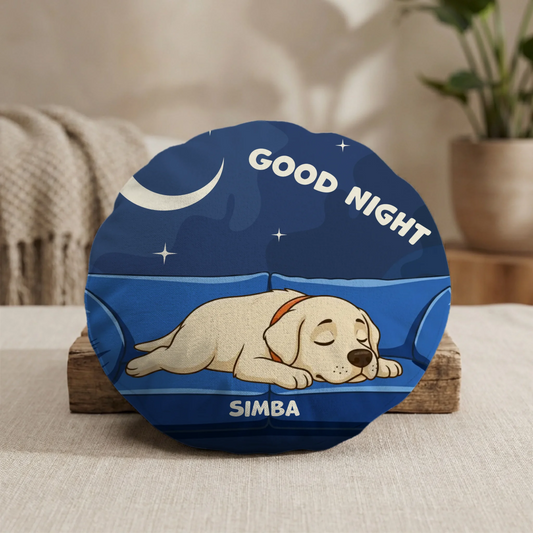 Personalized round cushion with a cartoon sleeping yellow Labrador dog and 'Good Night' text