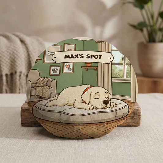 Personalized round cushion with a sleeping yellow Labrador dog and 'MAX'S SPOT' banner