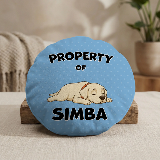 Round personalized pet cushion 'Property Of Simba' with sleeping dog cartoon.