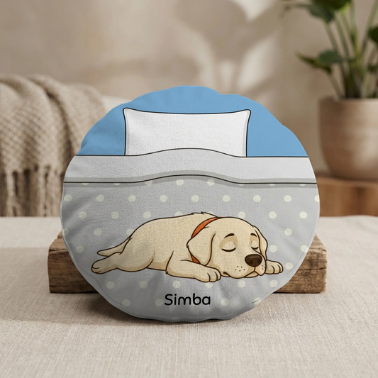 Personalized round pet cushion with a sleeping yellow Labrador dog and its name 'Simba'