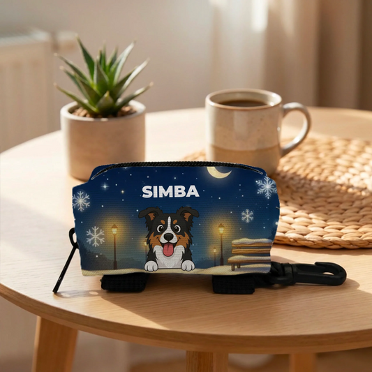 Personalized poop bag holder featuring a winter night design with a happy dog portrait.