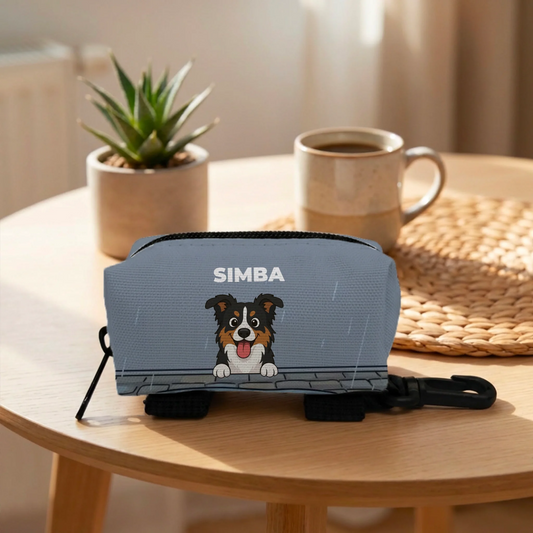 Personalized poop bag holder "It's Raining Today" with a happy dog portrait.