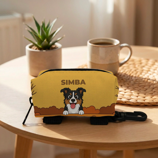Personalized poop bag holder with happy cartoon dog and 'Simba' name.