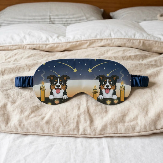 Personalized sleep mask with 'Takeoff Imminent' design, featuring two happy cartoon dogs under a starry night sky, placed on a cozy bed.