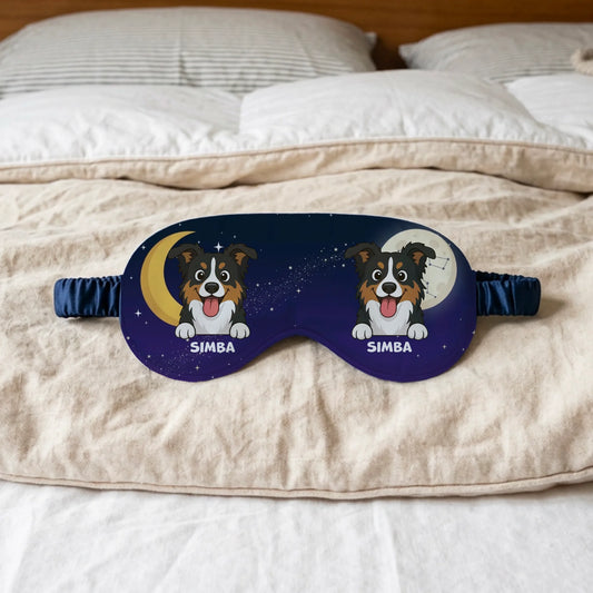 Personalized sleep mask for dogs and cats featuring a 'Night of Two Moons' design