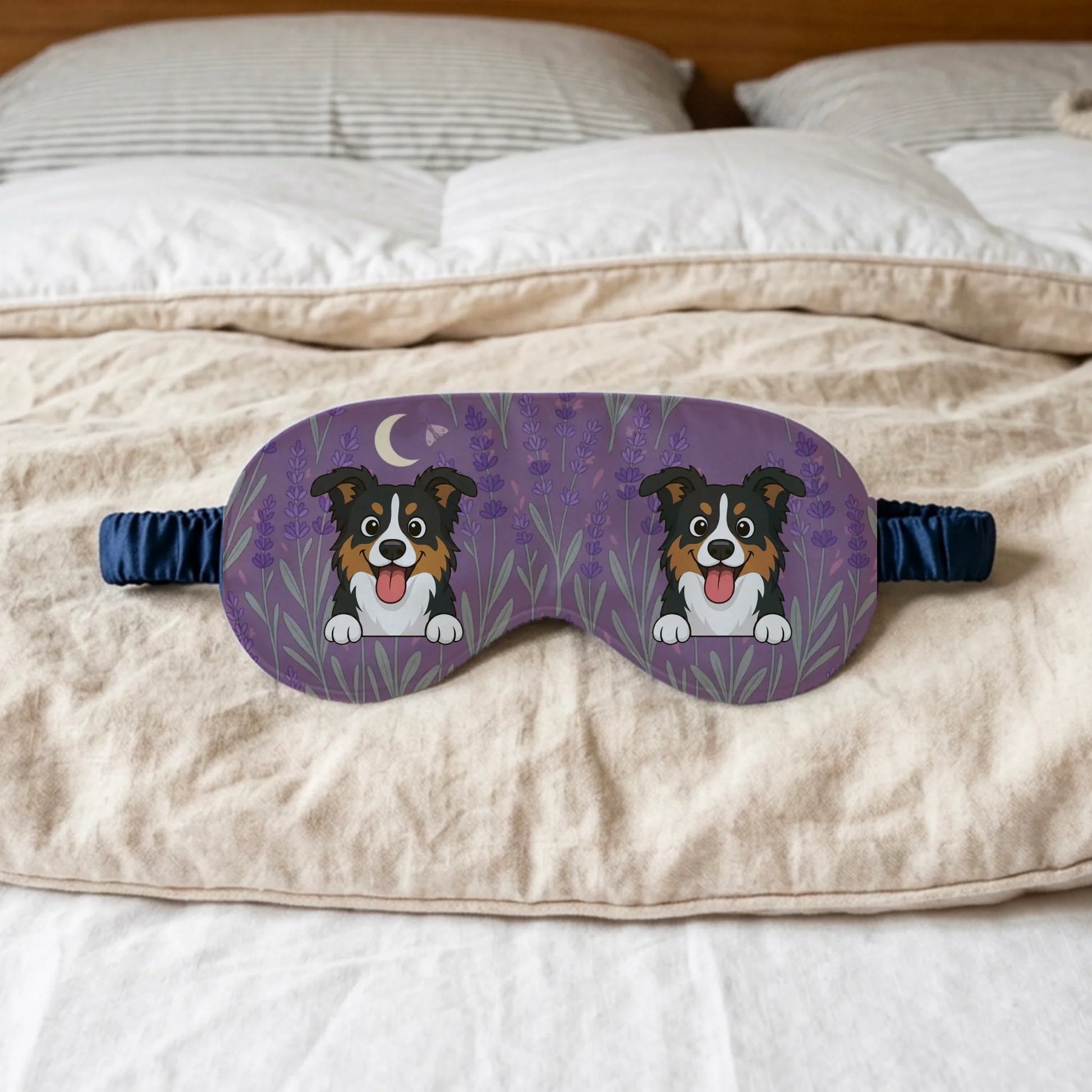 Personalized sleep mask featuring happy Australian Shepherd dogs in a serene lavender field.