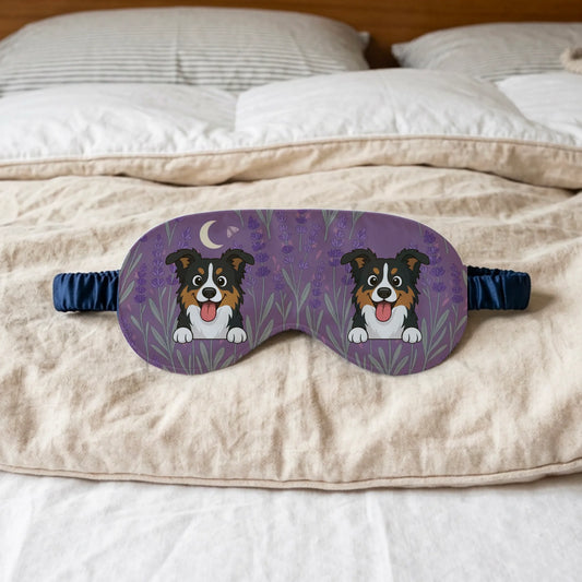 Personalized sleep mask featuring happy Australian Shepherd dogs in a serene lavender field.