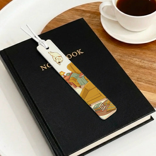 Personalized leather bookmark with a dog sleeping on a sofa design, perfect for a cozy reading afternoon