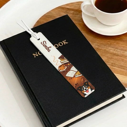 Personalized PU leather bookmark with a cartoon dog, books, and coffee illustration, showing a pet's name