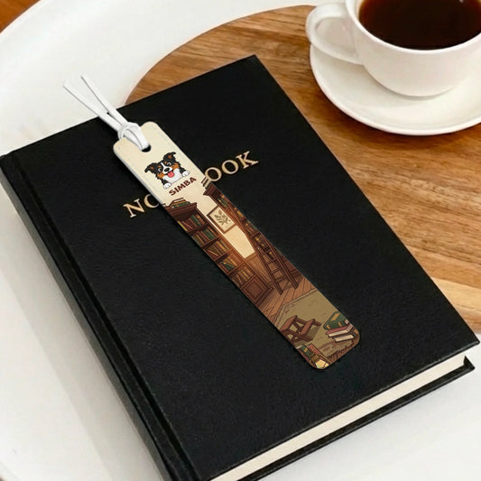 Personalized leather bookmark with a cartoon dog and a cozy old bookstore scene