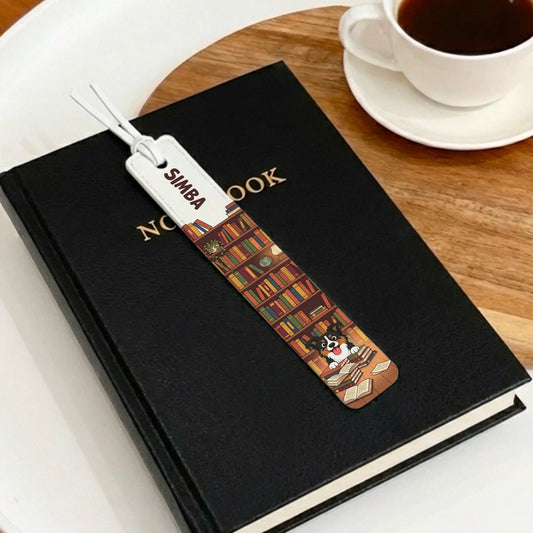 Personalized leather bookmark "At the Library" with cartoon dog and pet's name Simba.