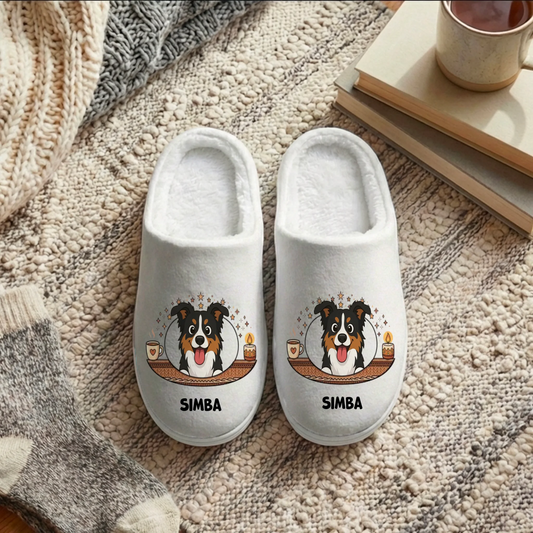 Personalized 'Starry Night' slippers with cartoon dog and custom name, cozy home accessory.