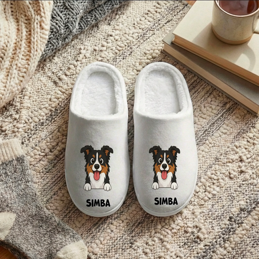 Personalized King/Queen of the House slippers with a custom dog portrait and pet's name, on a cozy rug.