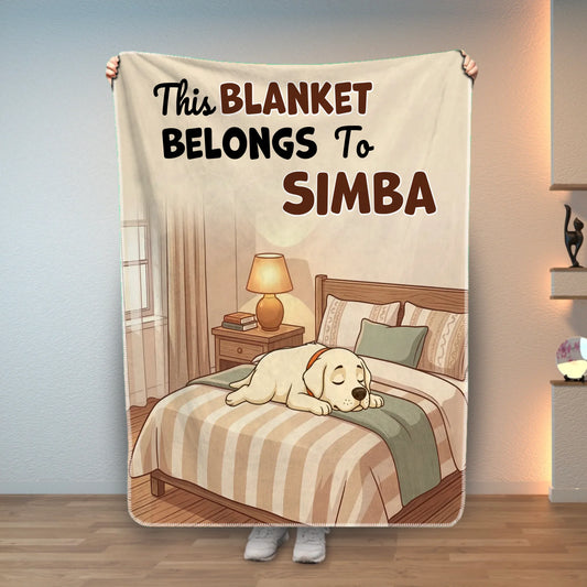 Personalized pet blanket featuring a sleeping Labrador dog illustration and custom name.