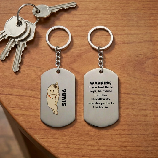 Personalized stainless steel keychain with 'Bloodthirsty Monster' text and custom dog portrait