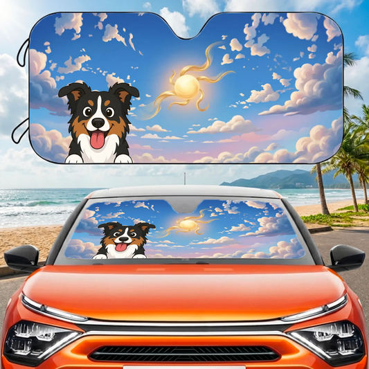 Personalized car sunshade with a happy cartoon dog and summer sky design.