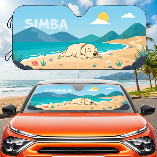 Personalized car sunshade with a sleeping Labrador dog on a beach, customized with pet's name SIMBA, on an orange car.
