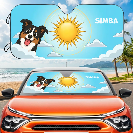 Personalized car sunshade featuring a joyful cartoon dog, bright sun, clouds, and custom name 'Simba'.