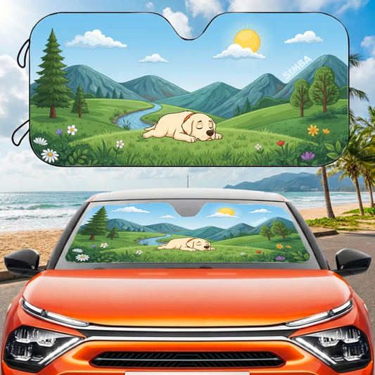Personalized Countryside Nap car sunshade featuring a sleeping dog cartoon and custom pet name.
