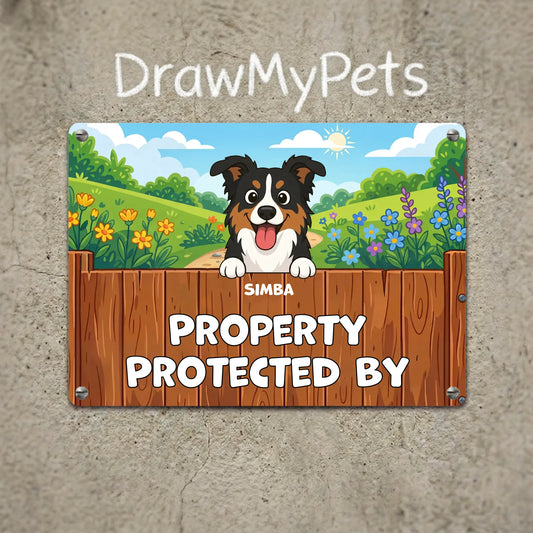 Personalized metal sign with cartoon dog peeking over a fence, declaring 'PROPERTY PROTECTED BY [Pet's Name]' for dog and cat owners.
