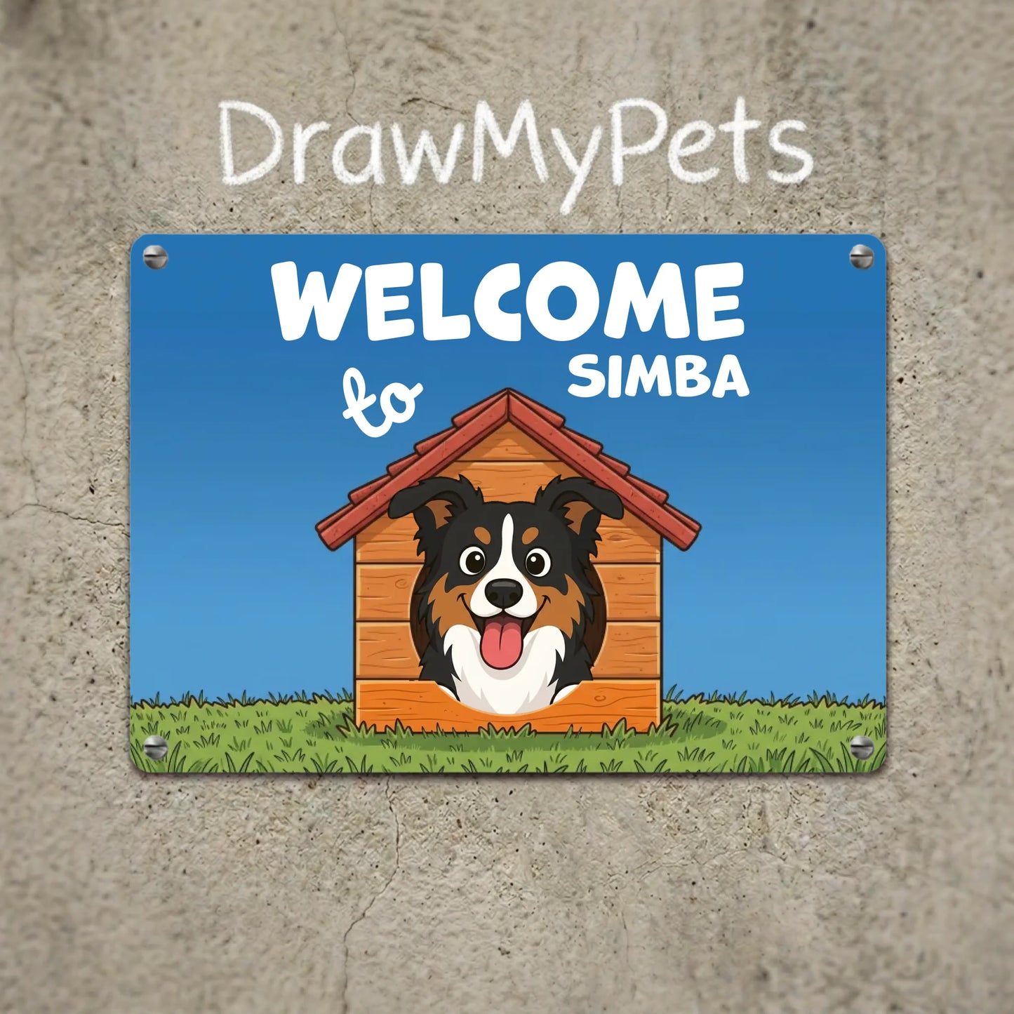 Personalized 'Welcome to Simba' metal sign for dogs featuring a happy cartoon Australian Shepherd in a dog house.