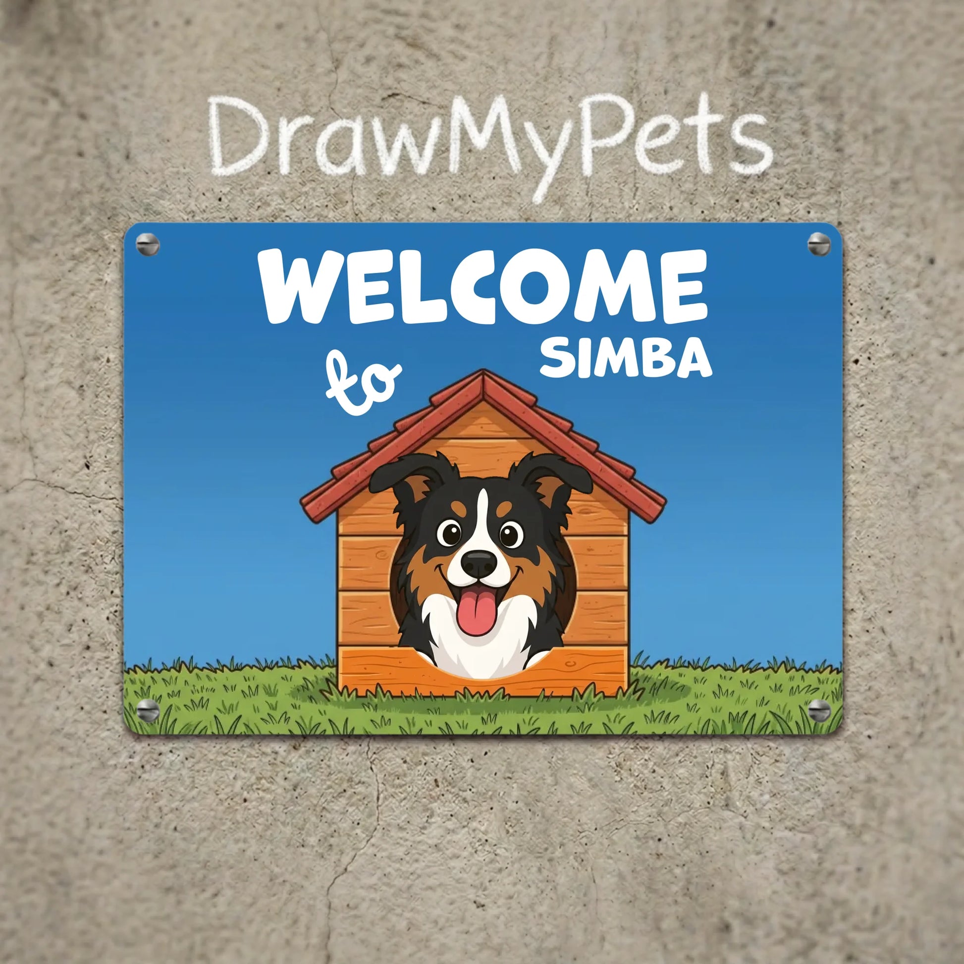 Personalized 'Welcome to Simba' metal sign for dogs featuring a happy cartoon Australian Shepherd in a dog house.