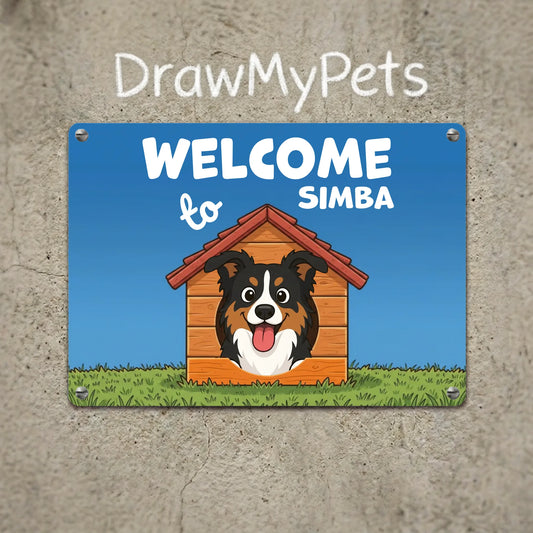 Personalized 'Welcome to Simba' metal sign for dogs featuring a happy cartoon Australian Shepherd in a dog house.