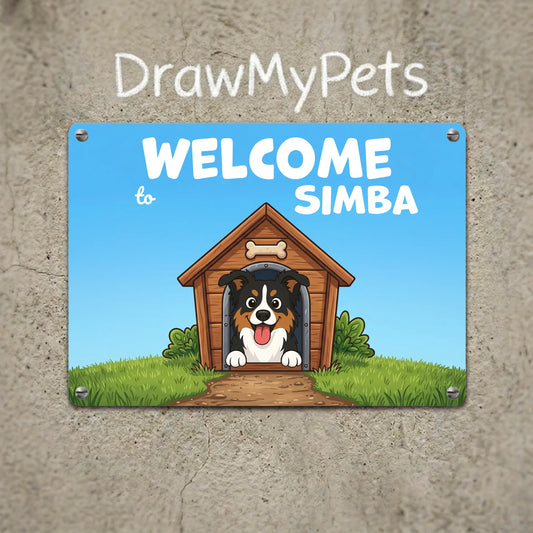 Personalized metal sign with 'Welcome to Simba' text, featuring a happy cartoon Australian Shepherd dog in a dog house, perfect for home decor.