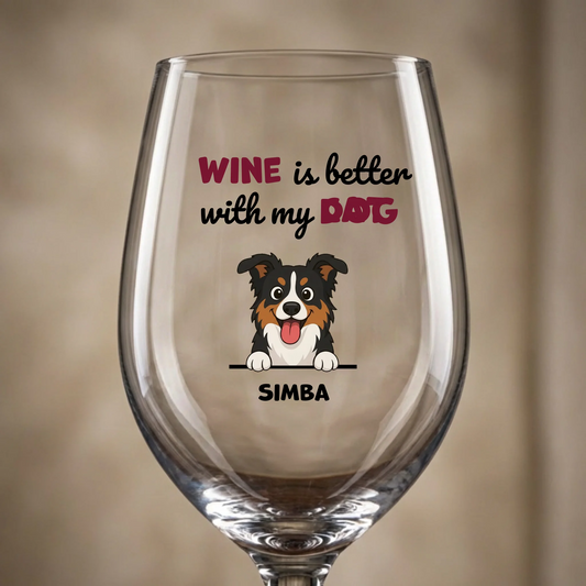 Personalized wine glass with a joyful tri-color dog portrait and 'Wine is better with my DOG'.