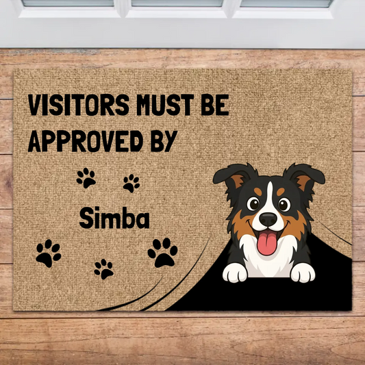 Personalized doormat featuring a smiling cartoon dog and the text 'Visitors Must Be Approved By Simba'.