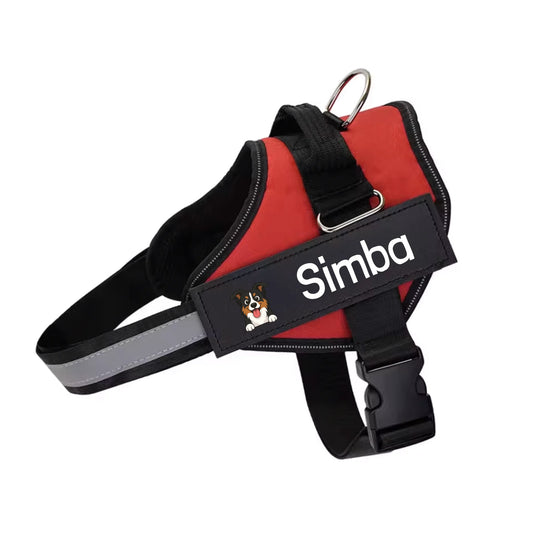Red personalized dog harness with a cartoon dog portrait and pet name 'Simba' visible on a black tag
