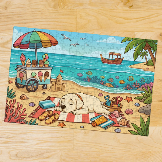Personalized pet puzzle featuring a cartoon dog sunbathing peacefully on a beach in August.