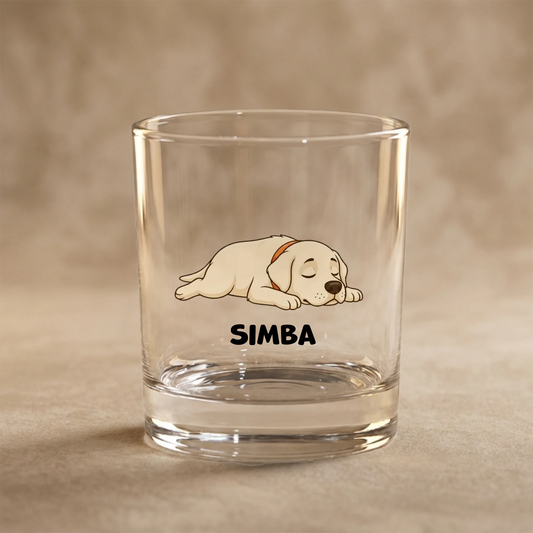 Personalized clear glass with a sleeping Labrador puppy illustration and custom pet name Simba.
